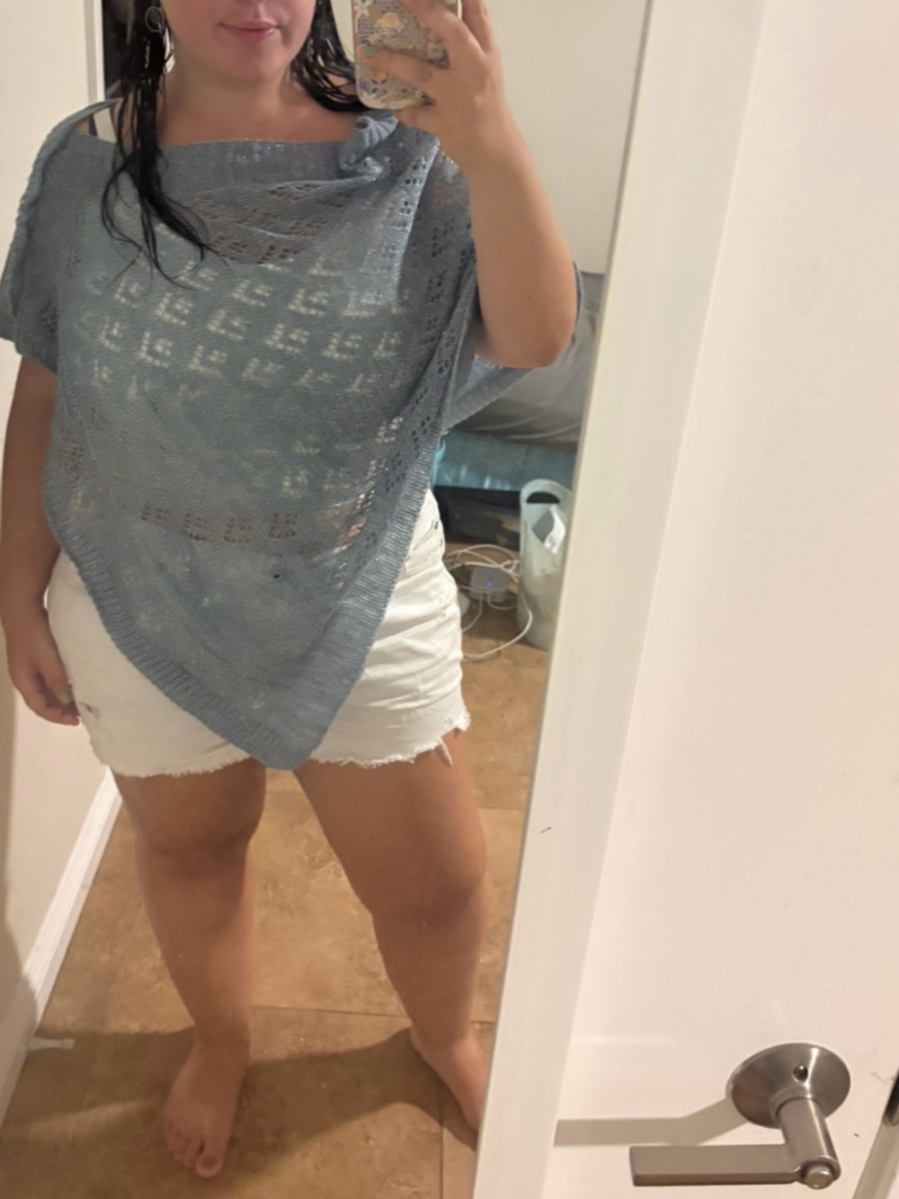Light Blue Silver Knit Poncho Top